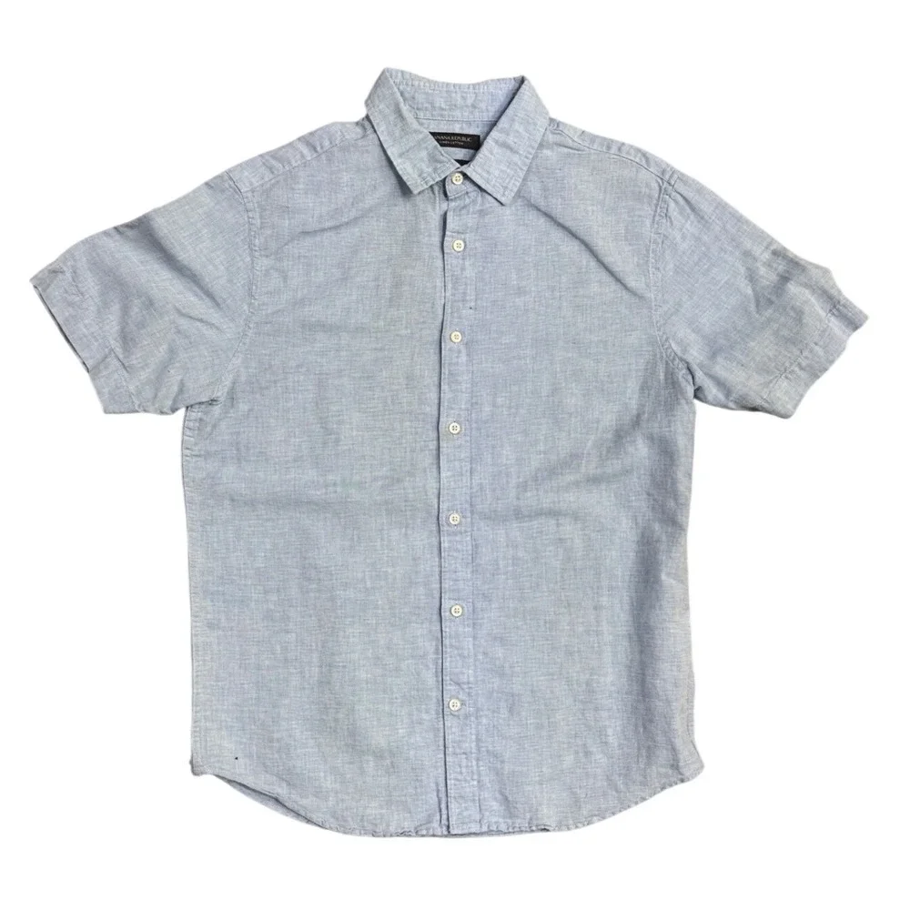 Banana Republic Mens Slim Fit Linen Cotton Short Sleeve Button Down Shirt Blue M